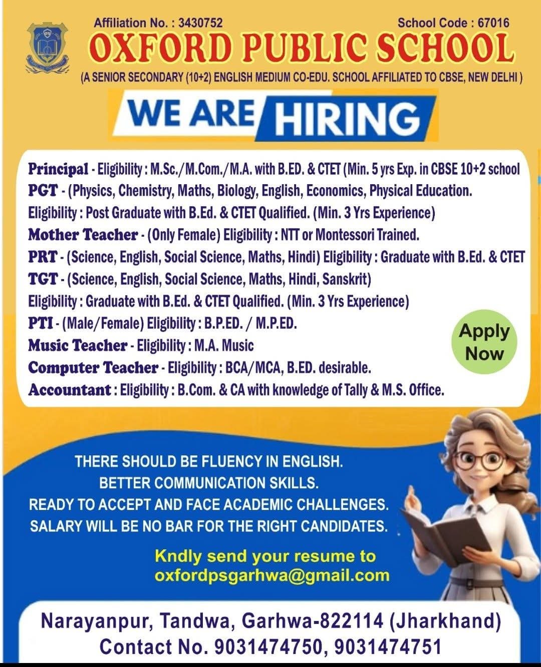 School Jobs at  Oxford Public School, Garhwa ,  Garhwa